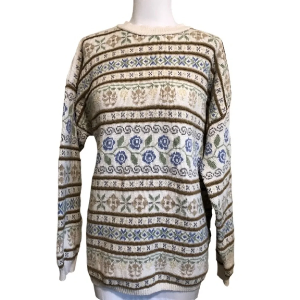 Vtg Eddie Bauer Fair Isle Cottagecore Sweater L (labeled Petite) - Picture 1 of 9